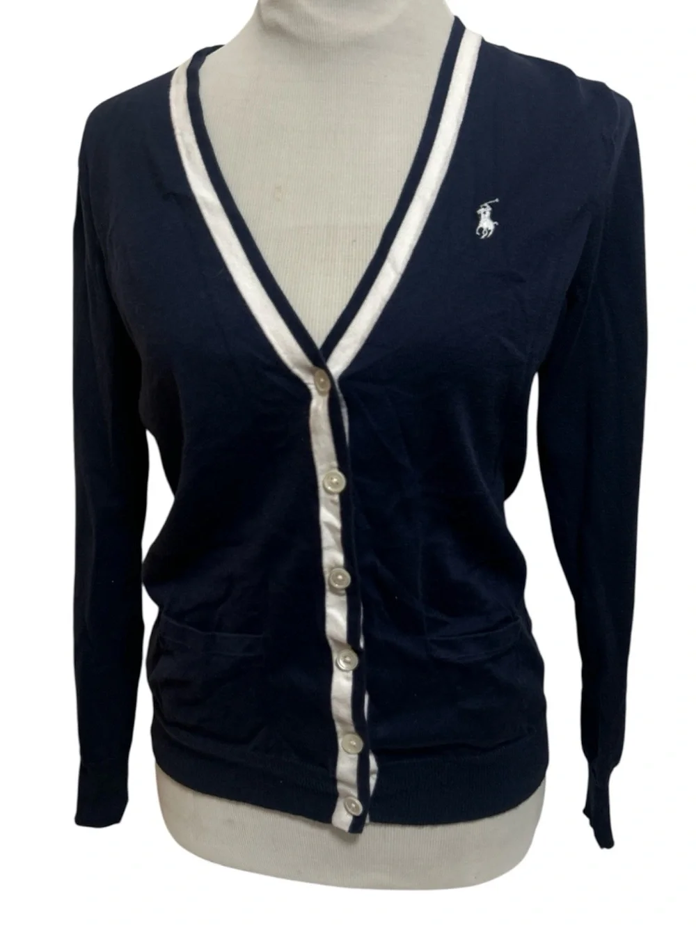 Ralph Lauren Sport Navy Blue Knit V-Neck Cardigan Sweater White Contrast Preppy